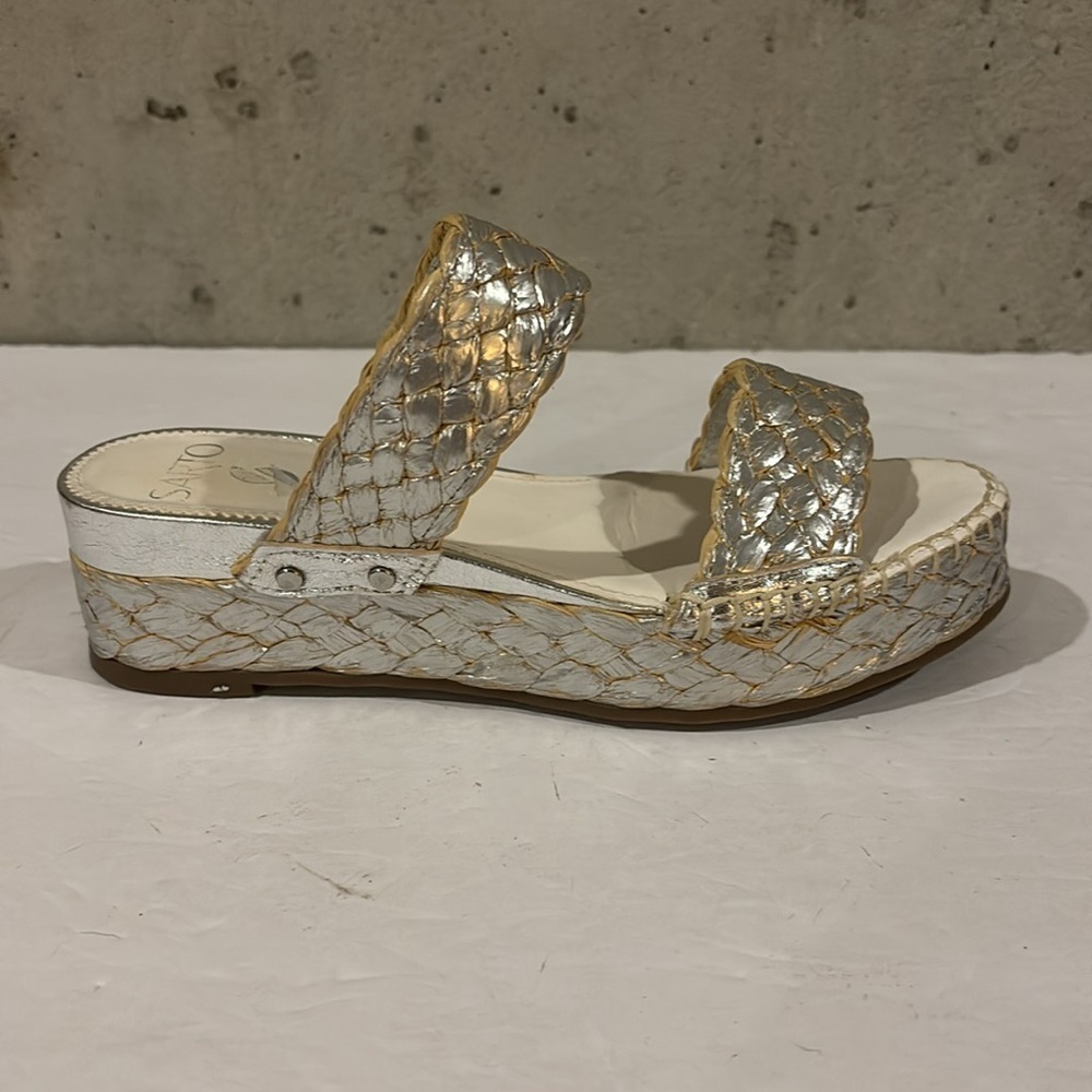 Franco Sarto Silver Leather Basket Weave Opal Platform Sandal - Size 7 - Picture 2 of 9
